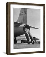 Mechanic Climbing Into Tailpipe to Check Clearance Between Turbine Wheel Bucket Tips and rug-Charles E^ Steinheimer-Framed Photographic Print