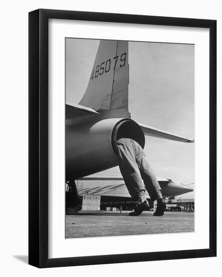 Mechanic Climbing Into Tailpipe to Check Clearance Between Turbine Wheel Bucket Tips and rug-Charles E^ Steinheimer-Framed Photographic Print