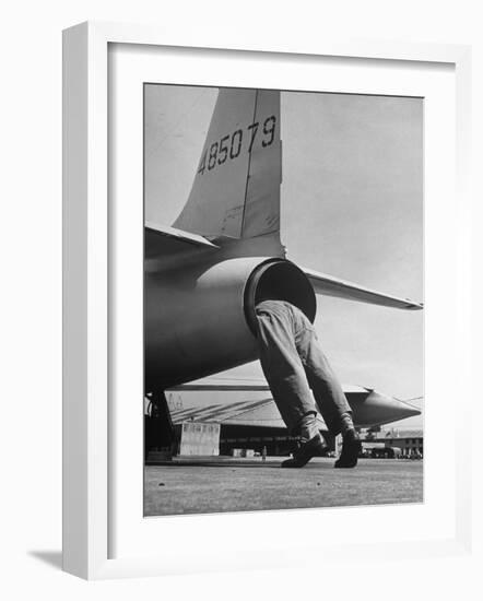 Mechanic Climbing Into Tailpipe to Check Clearance Between Turbine Wheel Bucket Tips and rug-Charles E^ Steinheimer-Framed Photographic Print