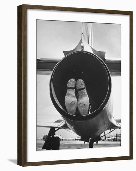 Mechanic Climbing Into Tailpipe to Check Clearance Between Turbine Wheel Bucket Tips and rug-Charles E^ Steinheimer-Framed Photographic Print