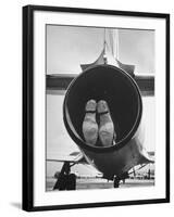 Mechanic Climbing Into Tailpipe to Check Clearance Between Turbine Wheel Bucket Tips and rug-Charles E^ Steinheimer-Framed Photographic Print