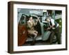 Mechanic with lady driver doing her make up, 1930s Hillman Minx-null-Framed Photographic Print