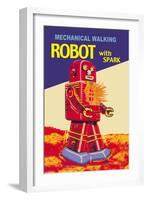 Mechanical Walking Red Robot with Spark-null-Framed Art Print