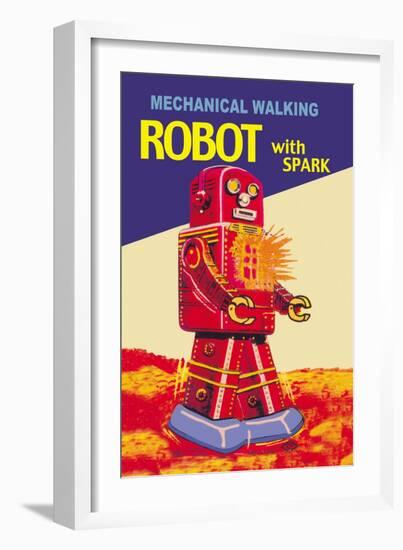 Mechanical Walking Red Robot with Spark-null-Framed Art Print