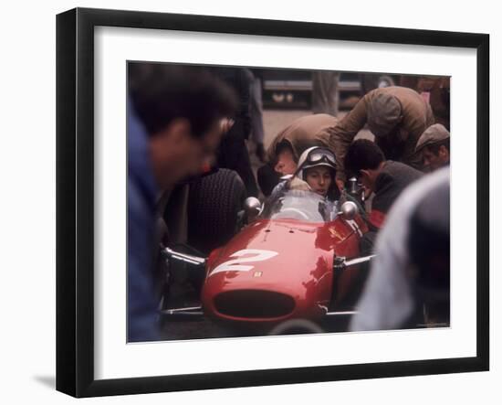 Mechanics Work on John Surtees in Ferrari During Pit Stop-null-Framed Photographic Print