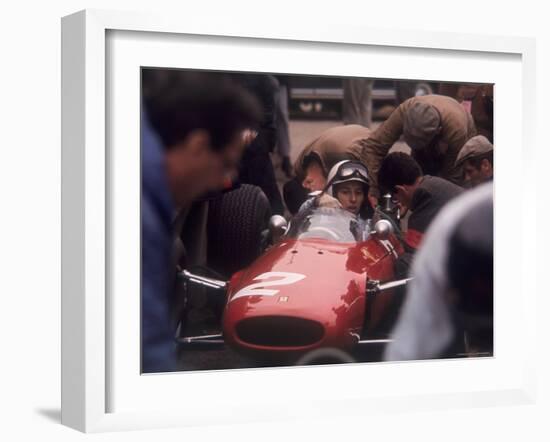 Mechanics Work on John Surtees in Ferrari During Pit Stop-null-Framed Photographic Print