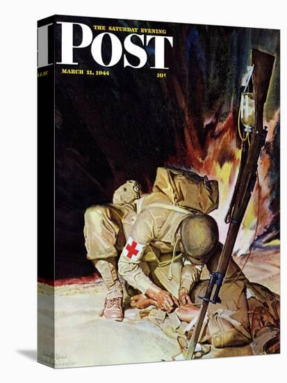 "Medic Treating Injured in Field," Saturday Evening Post Cover, March 11, 1944-Mead Schaeffer-Stretched Canvas