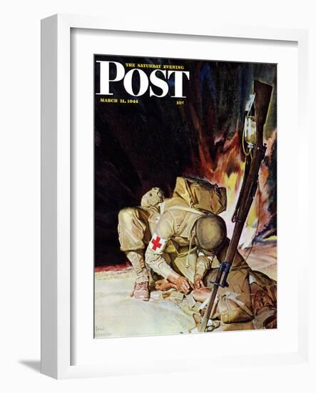 "Medic Treating Injured in Field," Saturday Evening Post Cover, March 11, 1944-Mead Schaeffer-Framed Giclee Print