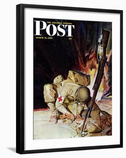 "Medic Treating Injured in Field," Saturday Evening Post Cover, March 11, 1944-Mead Schaeffer-Framed Giclee Print