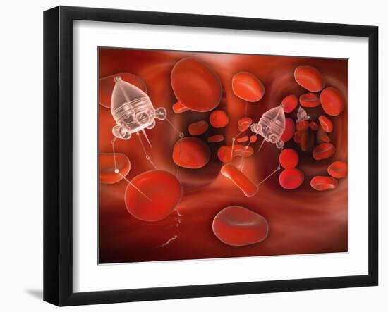 Medical Nanobots in the Bloodstream with Red Blood Cells-null-Framed Art Print