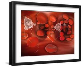 Medical Nanobots in the Bloodstream with Red Blood Cells-null-Framed Art Print