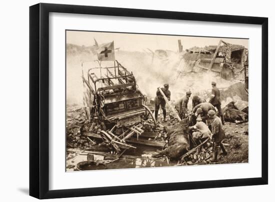 Medical Team Assist their Wounded Comrades in the Midst of Enemy Artilley Fire (B/W Photo)-German photographer-Framed Premium Giclee Print