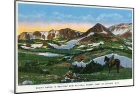 Medicine Bow National Forest, WY, Snowy Range View West of Laramie, Man on Horseback-Lantern Press-Mounted Art Print