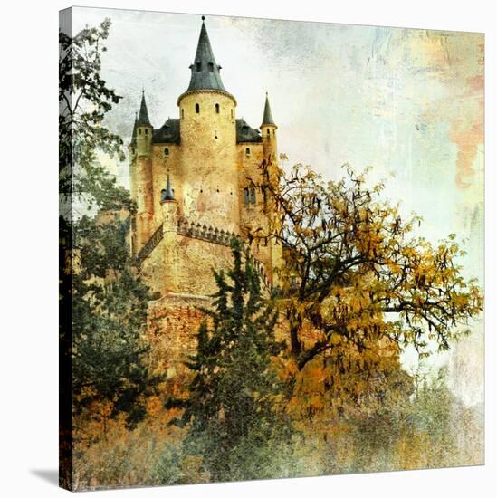 Medieval Castle Alcazar, Segovia,Spain- Picture In Painting Style-Maugli-l-Stretched Canvas