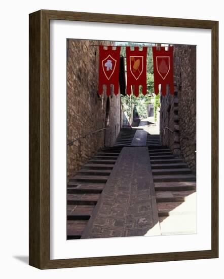 Medieval Flags Above Stone Walkway, Assisi, Umbria, Italy-Marilyn Parver-Framed Photographic Print