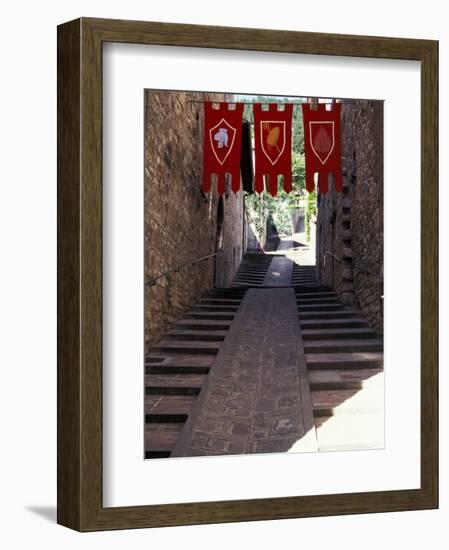 Medieval Flags Above Stone Walkway, Assisi, Umbria, Italy-Marilyn Parver-Framed Photographic Print