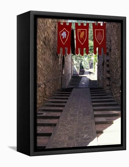 Medieval Flags Above Stone Walkway, Assisi, Umbria, Italy-Marilyn Parver-Framed Stretched Canvas