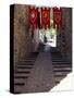 Medieval Flags Above Stone Walkway, Assisi, Umbria, Italy-Marilyn Parver-Stretched Canvas