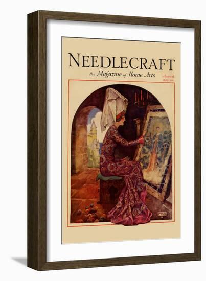 Medieval Girl Sews a Tapestry-Needlecraft Magazine-Framed Art Print