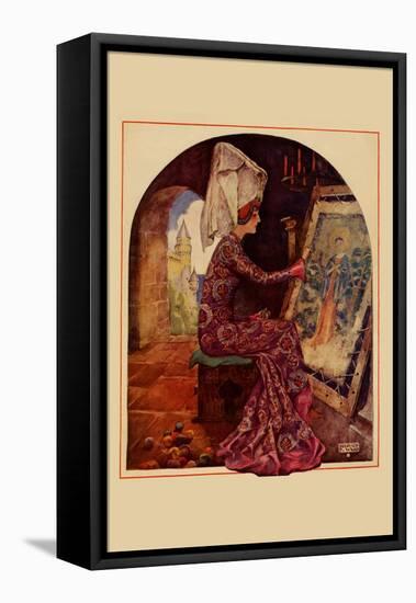 Medieval Girl Sews a Tapestry-Needlecraft Magazine-Framed Stretched Canvas