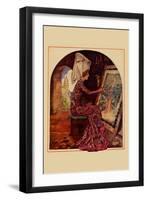 Medieval Girl Sews a Tapestry-Needlecraft Magazine-Framed Art Print