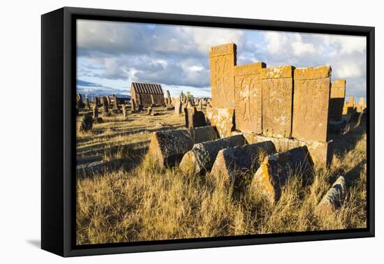 Medieval Khachkars carved memorial stele, Noratus cemetery, Sevan Lake, Gegharkunik province, Armen-G&M Therin-Weise-Framed Stretched Canvas