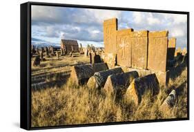 Medieval Khachkars carved memorial stele, Noratus cemetery, Sevan Lake, Gegharkunik province, Armen-G&M Therin-Weise-Framed Stretched Canvas