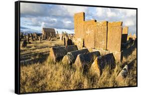 Medieval Khachkars carved memorial stele, Noratus cemetery, Sevan Lake, Gegharkunik province, Armen-G&M Therin-Weise-Framed Stretched Canvas