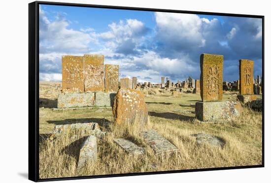 Medieval Khachkars carved memorial stele, Noratus cemetery, Sevan Lake, Gegharkunik province, Armen-G&M Therin-Weise-Framed Stretched Canvas