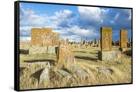 Medieval Khachkars carved memorial stele, Noratus cemetery, Sevan Lake, Gegharkunik province, Armen-G&M Therin-Weise-Framed Stretched Canvas