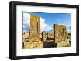 Medieval Khachkars carved memorial stele, Noratus cemetery, Sevan Lake, Gegharkunik province, Armen-G&M Therin-Weise-Framed Photographic Print