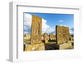 Medieval Khachkars carved memorial stele, Noratus cemetery, Sevan Lake, Gegharkunik province, Armen-G&M Therin-Weise-Framed Photographic Print