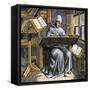 Medieval Scribe Writing at a Desk, Surrounded by Open Manuscripts-null-Framed Stretched Canvas