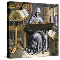 Medieval Scribe Writing at a Desk, Surrounded by Open Manuscripts-null-Stretched Canvas