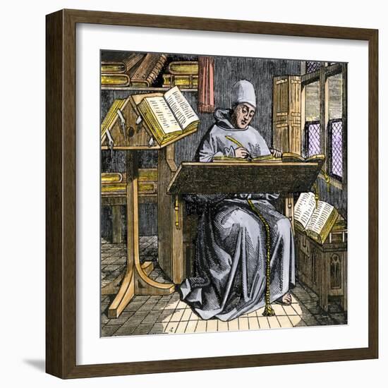 Medieval Scribe Writing at a Desk, Surrounded by Open Manuscripts-null-Framed Giclee Print