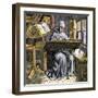 Medieval Scribe Writing at a Desk, Surrounded by Open Manuscripts-null-Framed Giclee Print