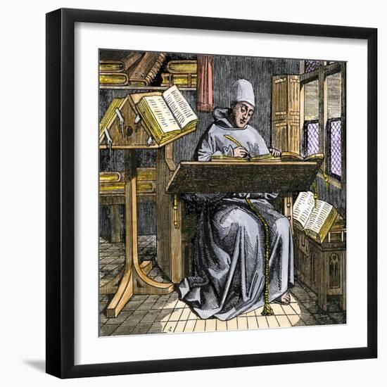 Medieval Scribe Writing at a Desk, Surrounded by Open Manuscripts-null-Framed Giclee Print