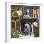 Medieval Scribe Writing at a Desk, Surrounded by Open Manuscripts-null-Framed Giclee Print
