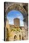 Medieval stone arch and tower, San Gimignano, Tuscany, Italy.-William Perry-Stretched Canvas