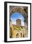 Medieval stone arch and tower, San Gimignano, Tuscany, Italy.-William Perry-Framed Photographic Print