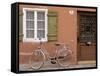 Medieval Town House and Bicycle, Romantische Strasse, Dinkelsbuhl, Bayern, Germany-Walter Bibikow-Framed Stretched Canvas