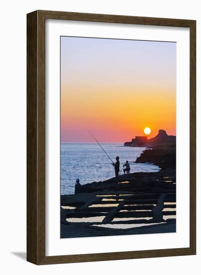 Mediterranean Europe, Malta, Gozo Island, Xwejni Bay, Fisherman at the Salt Pans at Sunrise-Christian Kober-Framed Photographic Print