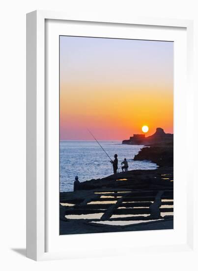 Mediterranean Europe, Malta, Gozo Island, Xwejni Bay, Fisherman at the Salt Pans at Sunrise-Christian Kober-Framed Photographic Print