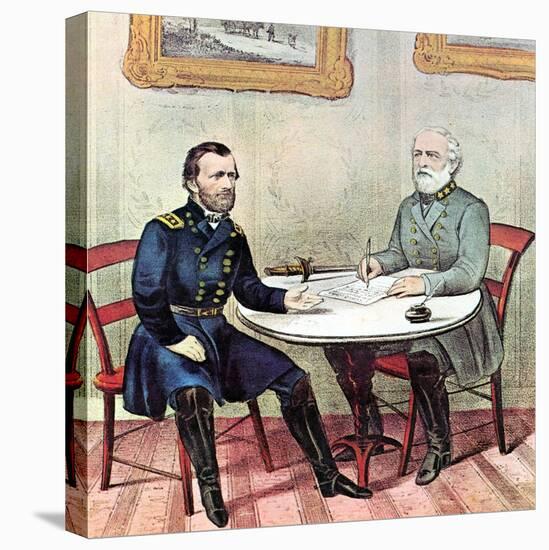 Meeting of Generals Grant (Lef) and Lee, American Civil War, 1865-Currier & Ives-Stretched Canvas