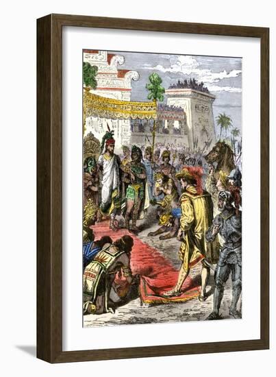 Meeting of Hernando Cortes and Aztec Emperor Montezuma II in Tenochtitlan, c.1519-null-Framed Giclee Print