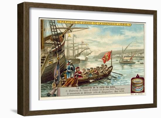 Meeting of Vasco Da Gama and His Brother Paulo with the Ruler of Malindi, May 1498-null-Framed Giclee Print