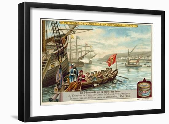 Meeting of Vasco Da Gama and His Brother Paulo with the Ruler of Malindi, May 1498-null-Framed Giclee Print