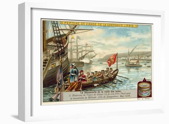 Meeting of Vasco Da Gama and His Brother Paulo with the Ruler of Malindi, May 1498-null-Framed Giclee Print