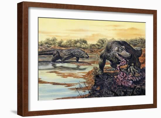Megalania (Giant Monitor Lizard) Eating His Prey, Pleistocene Epoch-null-Framed Art Print