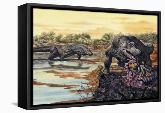 Megalania (Giant Monitor Lizard) Eating His Prey, Pleistocene Epoch-null-Framed Stretched Canvas